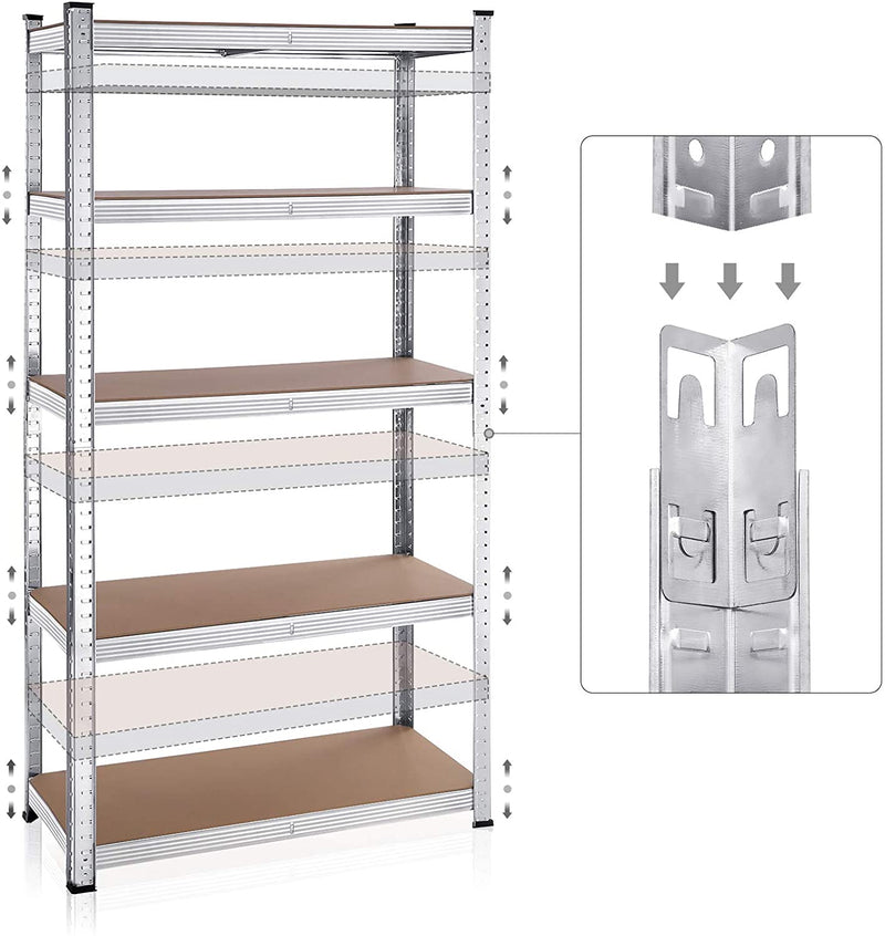 Storage planken, zware lasten, set van 2, kelderrekken, 180 x 90 x 40 cm, tot 875 kg belastbaar, planken, steekplanken, versterkt stalen frame, 5 verstelbare planken, zilver GLR040E02