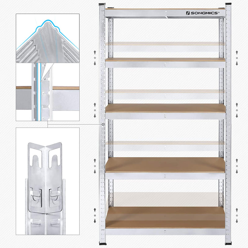 Magazijnrek, set van 2, rek voor zware lasten, kelderrek, 180 x 90 x 40 cm, tot 875 kg belastbaar, 5 verstelbare planken, plank van metaal, steekrek, werkplaatsrek, kelder, zilver GLR80SV