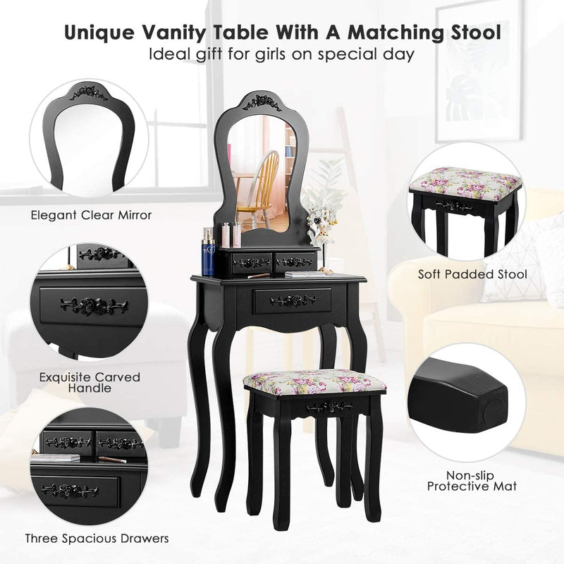 Kaptafel set met waaiervormige spiegel, make-up tafel met kussentje en 3 lades, kaptafel voor cosmetica opslag, 2 in 1 klassiek kaptafel set met afneembare bovendeel, cadeau voor meisjes (Zwart)