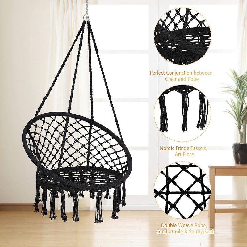 Hangstoel, katoenen touw macrame hangende schommelstoel voor woonkamer, tuin, balkon, scandinavische stijl, capaciteit van 150 kg (Zwart