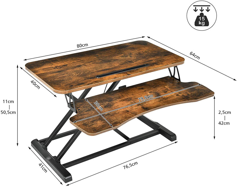 Zit-sta werkstation, in hoogte verstelbare staande bureau verhoger met grote tafelblad 80 x 40cm, ergonomisch bureau, zit-sta-bureau (Bruin)