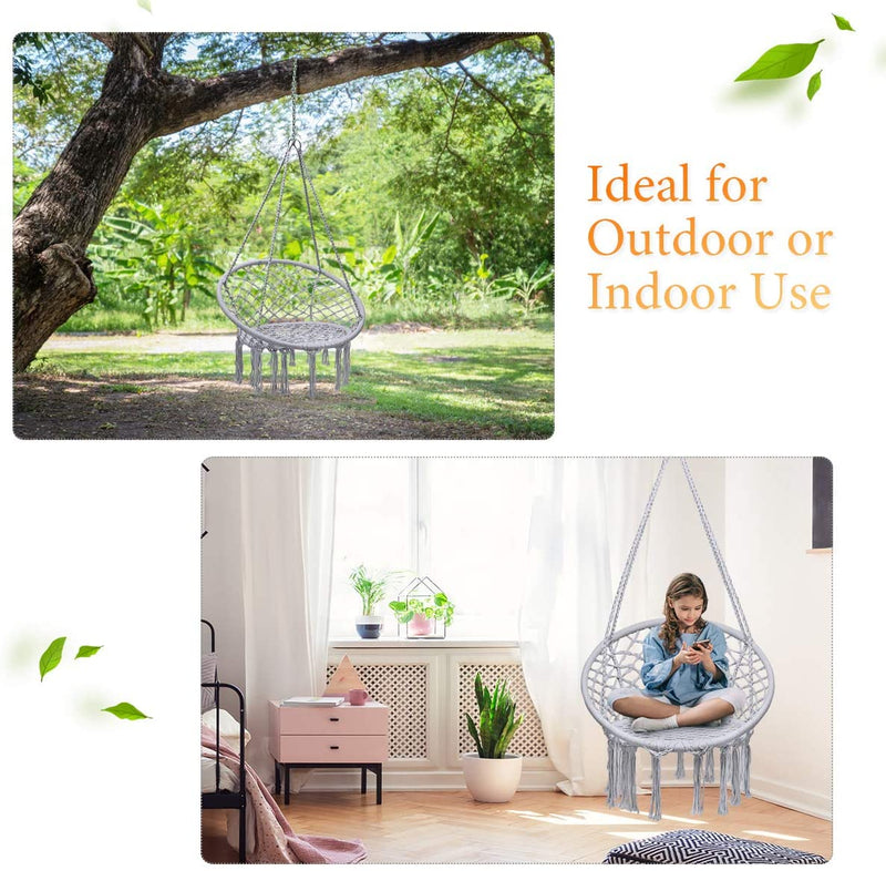 Hangstoel, katoenen touw macrame hangende schommelstoel voor woonkamer, tuin, balkon, scandinavische stijl, capaciteit van 150 kg (Grijs)