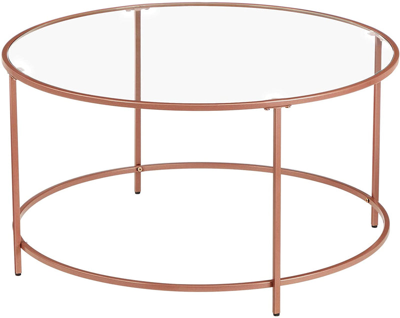 Bijzettafel Rond, Salontafel, Glazen Tafel met Metalen Frame, Gehard Glas, Nachtkastje, Sofa Tafel, voor Balkon, Rose Goud LGT021A02