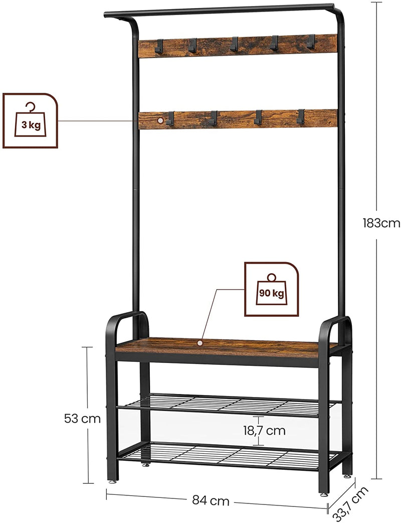 kapstok, schoenenrek met zitje, kledingrek met 9 verwijderbare haken, bankje, 2 netten planken, 183 cm hoog,  bruin-zwart HSR400B01