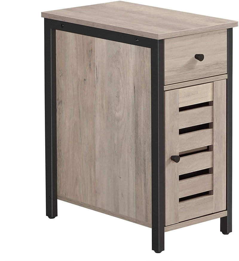 Bijzettafel, met lade, 30 cm nachtkastje voor kleine kamers, lamellendeur, metalen frame, industrieel ontwerp, grijs-zwart LET066B02