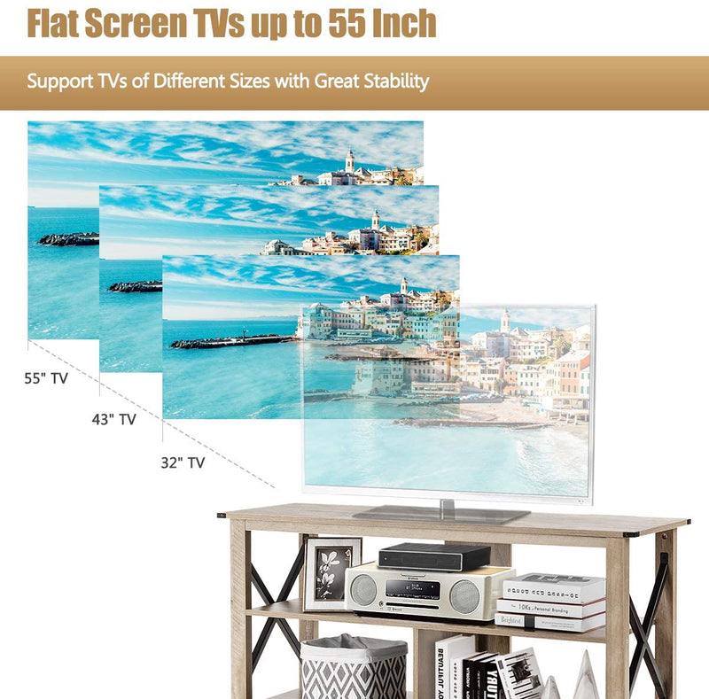 TV-tafel,120 cm  3 laags industriële tv-meubel met open planken, stevig X-stijl frame, handig kabelbeheer gaatje, boerenhuis tv-kast tv-plank tv-standaard,  120 x 40 x 60 cm (Grijs)