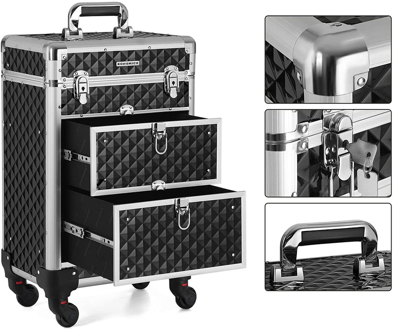 Cosmetic Case Trolley, professionele make-up case, kapperskoffer met 4 uitneembare universele wielen, make-up case, zwart JHZ08BK