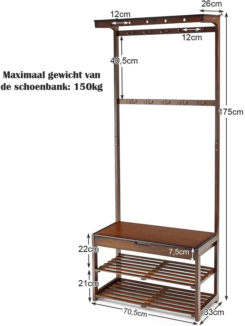 3 in 1 gang kapstok bankje, Entree opslag organisator met 10 hangende haken en 2 lagen schoenplanken, multifunctionele jassenrek schoen bank
