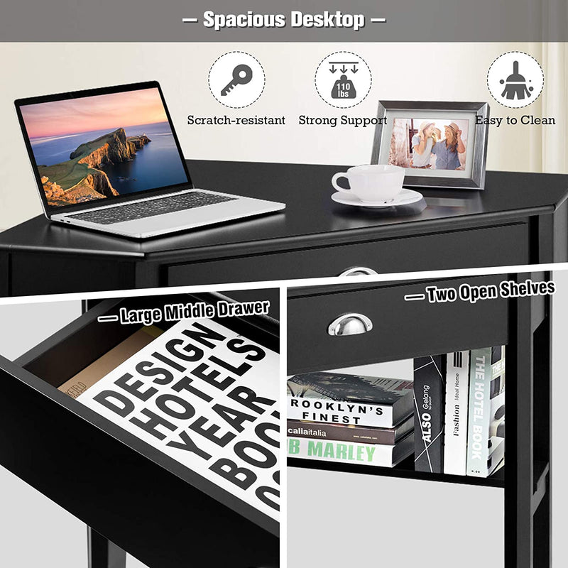 Bureau, Hoekbureau, Houten L-vormig computerbureau, Compacte Schrijftafel met Lade & Planken, Ruimtebesparend Werkstation, Laptop PC hoek Tafel Meubilair voor thuiskantoor (Zwart)
