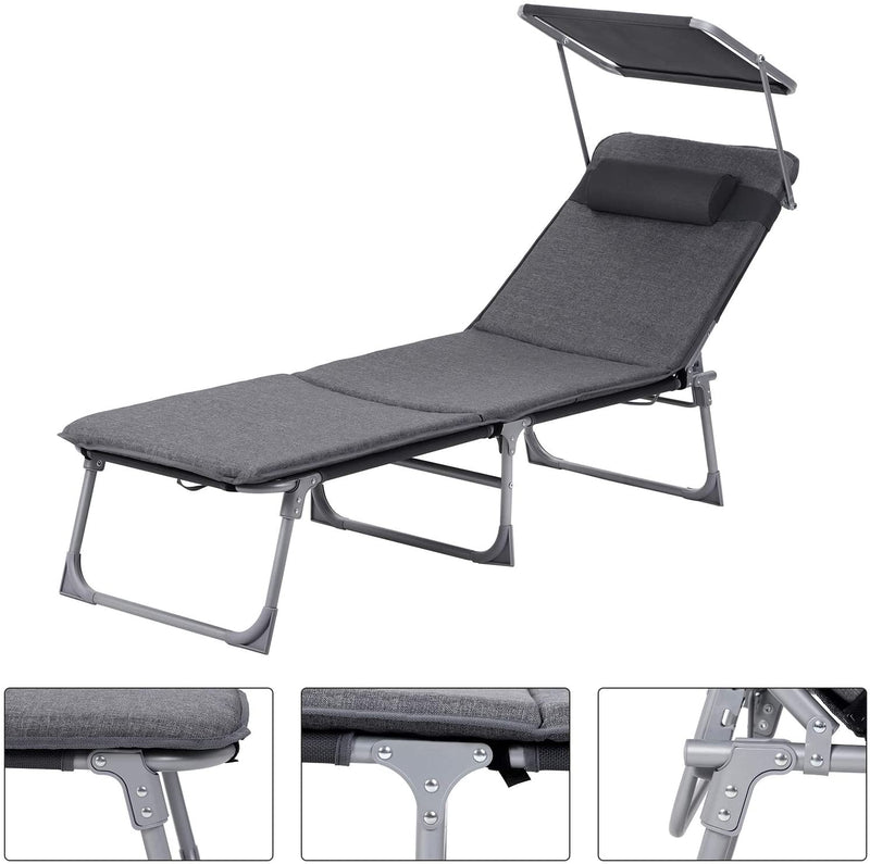 ligstoel, ligstoel met 3 cm dikke steun, hoofdsteun, luifel, verstelbare rugleuning, opklapbaar, 53 x 193 x 29,5 cm, tot 150 kg draagvermogen, tuin, balkon, donkergrijs GCB19UM
