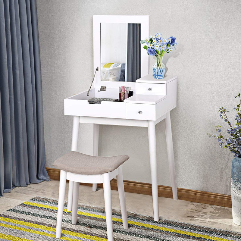 Kaptafel Set, Kaptafel met Draaibare Bovenkant Spiegel, Verborgen compartiment en twee laden, woonkamer slaapkamer opslag organisator, Make-up tafel met zachte gewatteerde kruk
