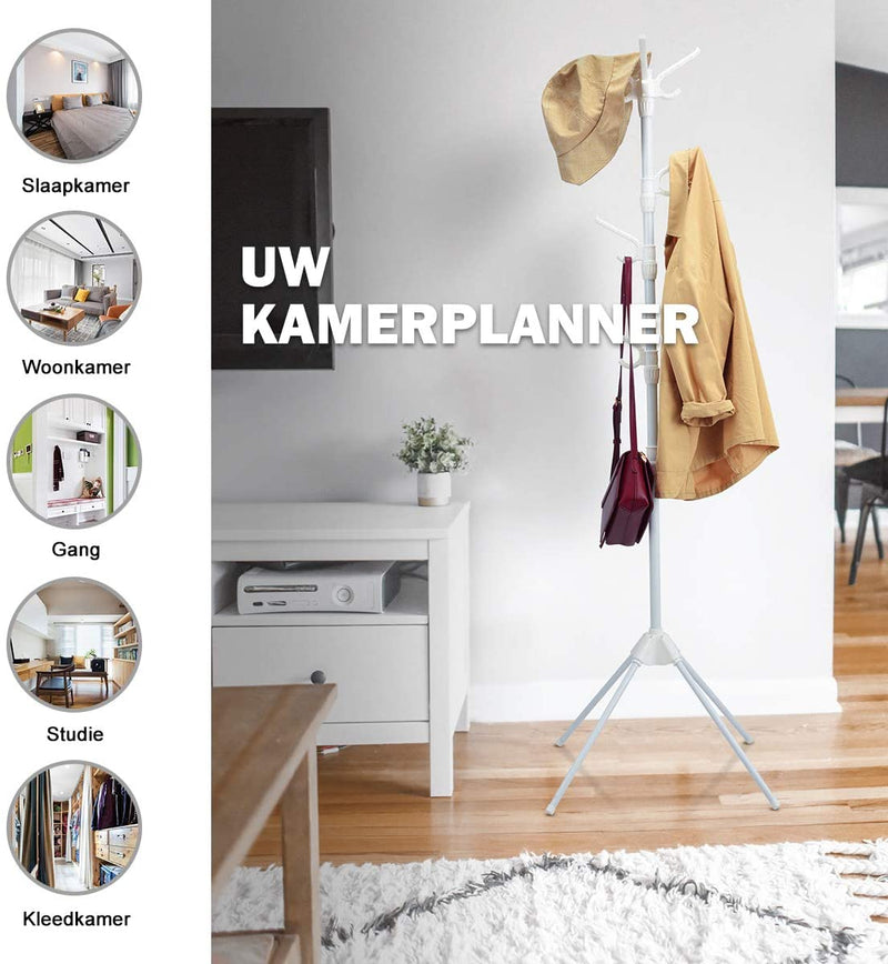 Kapstok, Staande Kleding hanger met afneembare haken en opvouwbare poten, gemakkelijk te monteren, duurzaam staal, wit