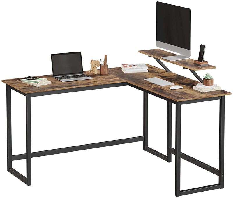 Bureau, L-vormig computerbureau met beweegbare monitorbevestiging, hoekbureau,  bruin-zwart LWD56X