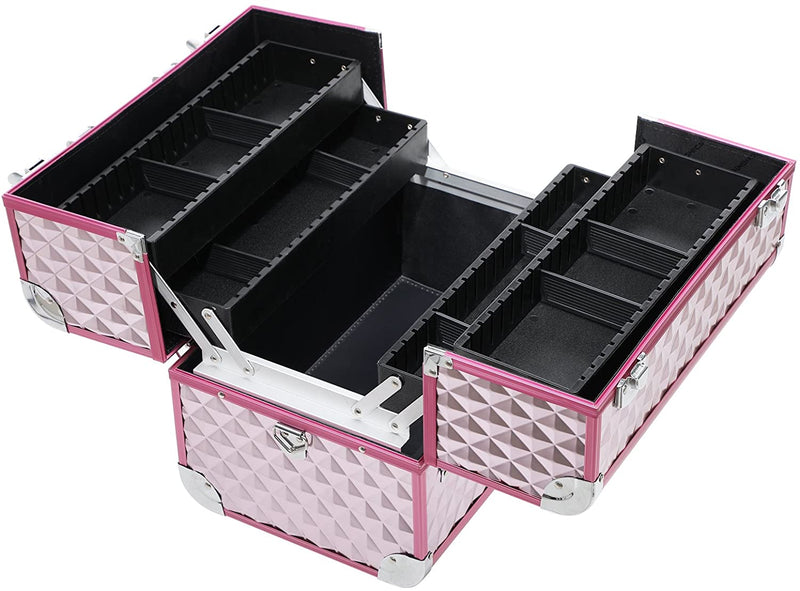 Beauty Case ,Make up koffer , Multi Case Make-up Case Vloertas Met Diamantpatroon Zilverkleurig Roze 36 x 28 x 23 cm JBC319P