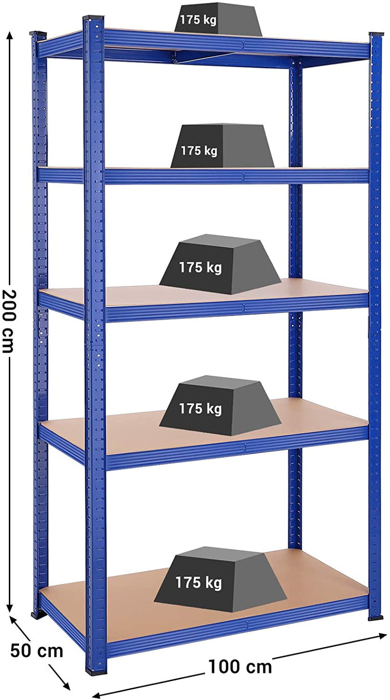 Magazijnrekken, zware lasten, set van 2, kelderrekken, 200 x 100 x 50 cm, tot 875 kg belastbaar, 5 verstelbare planken, planken van metaal, steekplanken, werkplaatsrek, blauw GLR050Q02
