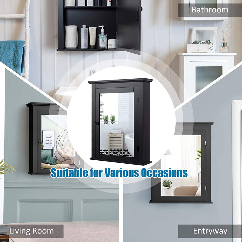 Badkamerkast, gespiegelde aan de muur gemonteerde spiegelkast  5 posities, 56 x 15 x 69 cm, (Zwart)