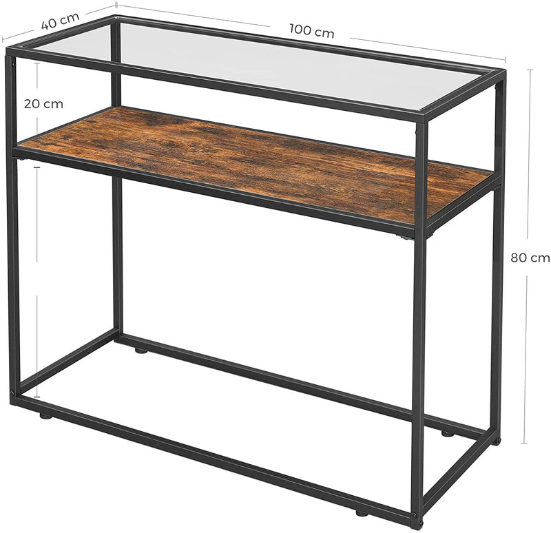 Consoletafel, bijzettafel met glazen oppervlak, gangtafel, bijzettafel met plank, woonkamer, hal, stabiel stalen frame, gehard glas, industrieel design, vintage bruin-zwart LNT10BX