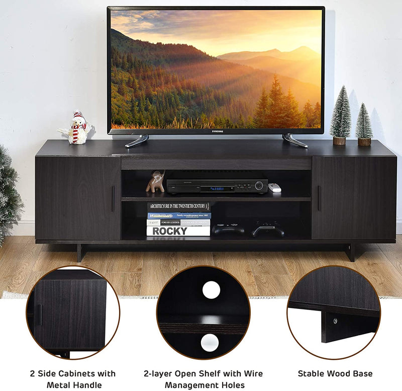 modern  TV meubel voor TV tot 65 inch, 152 x 40 x 45 cm, TV-plank met 2 opbergkasten & open planken, huiskamer meubilair TV lowboard