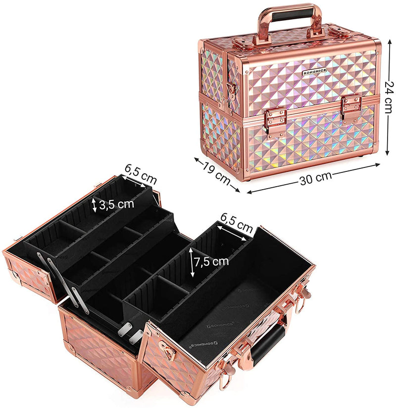 beautycase, beautycase, opbergruimte voor make-up, organizer voor op reis, voor kappers en visagisten, naaiaccessoires, afsluitbare doos met draagriem, metallic rosé goud JBC323RD