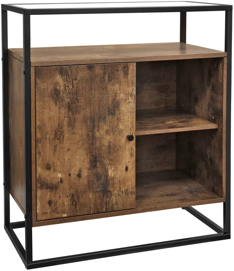 Commode, keukenkast, kast, consoletafel met glazen oppervlak, woonkamer, hal, stabiel gehard glas, eenvoudige montage, industrieel design, vintage, donkerbruin LSC12BX