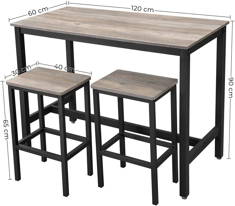 Bartafel set, bartafel met 2 barkrukken, aanrecht met barstoelen, keukentafel en keukenstoelen in industrieel ontwerp, voor keuken, 120 x 60 x 90 cm, grijs-zwart LBT015B02