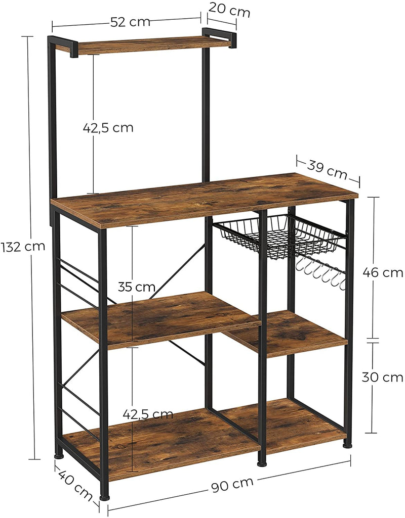 keukenplank, staande plank met metalen mand, bakkerijplank met 6 S-haken en planken, magnetronplank, kruidenrek, voor potten en pannen, industrieel ontwerp, vintage bruin-zwart KKS35X