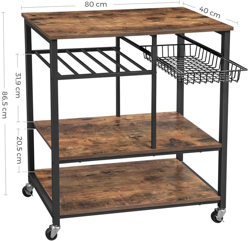 keukenplank met metalen korf- en flessenhouder, wijnrek, serveerwagen, keukenwagen, wagen met 3 planken, 80 x 40 x 86,5 cm, industrieel ontwerp, vintage, donkerbruin KKS80X