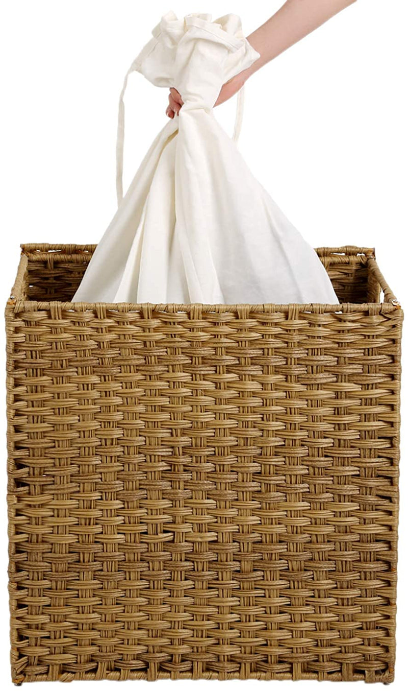 Wasmand handgevlochten, wasmand van synthetisch rotan, met deksel en handgrepen, wassorteerder, opvouwbaar, waszak uitneembaar, natuurlijke kleuren LCB52NL