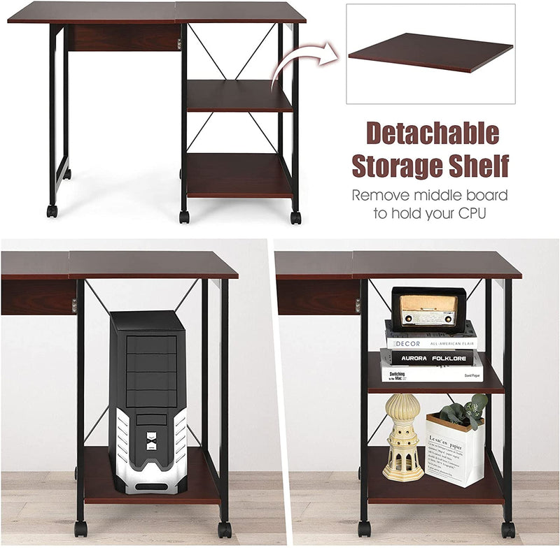 Opvouwbare computer bureau, moderne schrijftafel met 2 laags opslagplanken, PC laptop computertafel werkstation met 6 wielen, ruimtebesparende compacte bureau voor thuiskantoor klein appartement