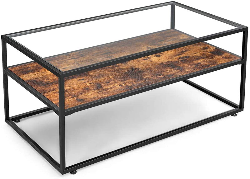 salontafel, salontafel met glazen oppervlak, glazen tafel, , vintage bruin-zwart LCT30BX