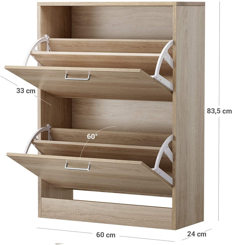 Schoenenkast met 2 kleppen, schoenenkipper, scheidingswanden verstelbaar en afneembaar, voor 12 paar damesschoenen of 8 paar herenschoenen, kleine hal, 60 x 24 x 83,5 cm, eiken