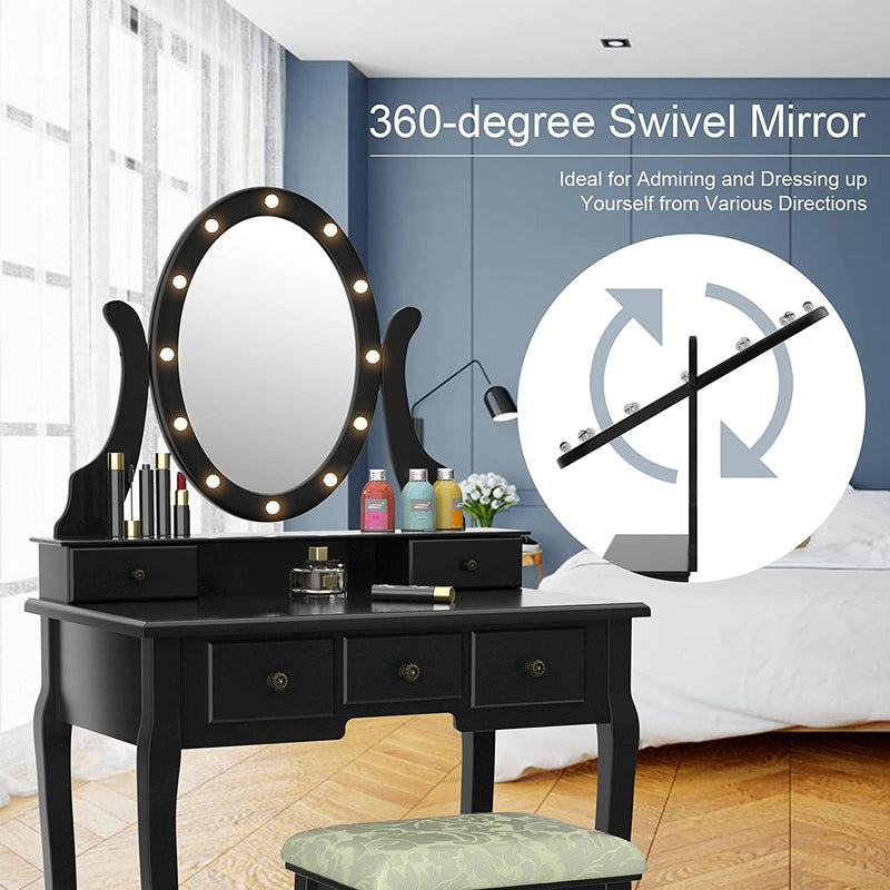 Kaptafel met verlichte spiegel, make-uptafel kaptafel, 360° draaiende ovale spiegel met 12 LED-lampjes, afneembare bovenkant, 5 opberglades, voor meisjes slaapkamer (Zwart)