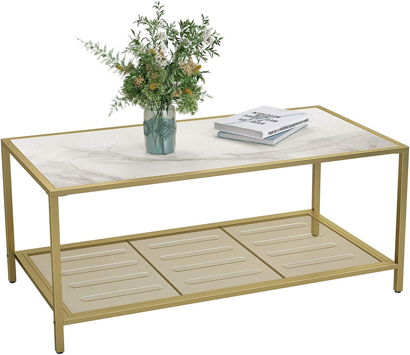 Salontafel, salontafel met gehard glas en dicht rasterwerk, gemaakt van metalen frame, , goudmarmeren look LGT031W01