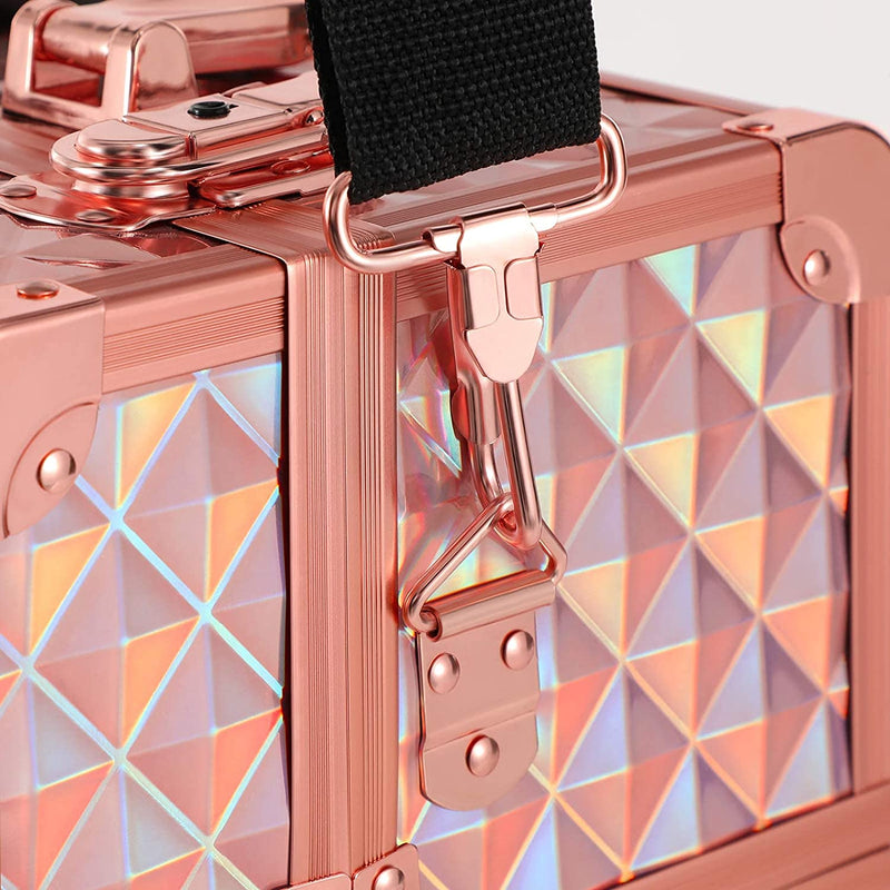 beautycase, beautycase, opbergruimte voor make-up, organizer voor op reis, voor kappers en visagisten, naaiaccessoires, afsluitbare doos met draagriem, metallic rosé goud JBC323RD