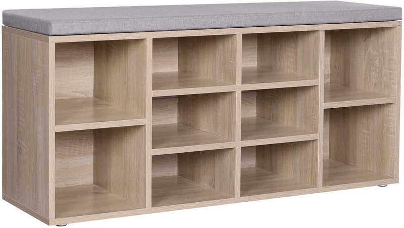 Schoenenbank, schoenenrek, schoenenopslag, zitbank, 10 vakken, met bekleding, voor de entree, hal, slaapkamer, 104 x 30 x 48 cm, houtlook LHS10NL
