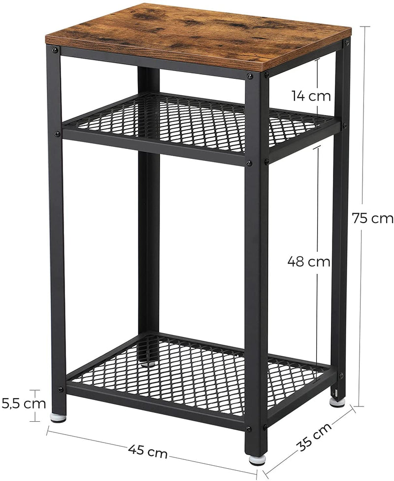 bijzettafel, telefoontafel met 2 rasterplanken, kantoor, gang, woonkamer, met metalen frame, staal, houtlook, vintage bruin-zwart LET75BX