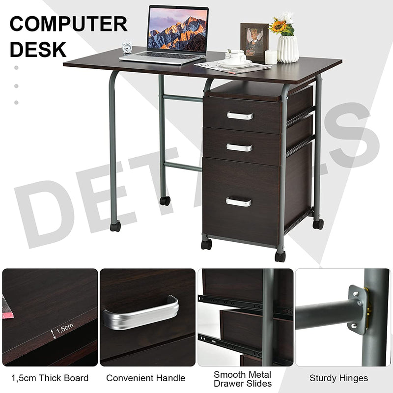Bureau, computertafel, opvouwbaar computerbureau,  met 3 uitschuifbare laden en vergrendelbare wielen,105,5 x 50,5 x 74cm (Bruin)