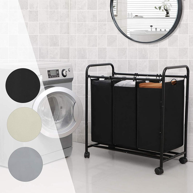 Wasmand, wasverzamelaar met 3 afneembare stoffen zakken, wasbak op wielen, wasserette, stevig, 3 x 44 liter, zwart LSF003B