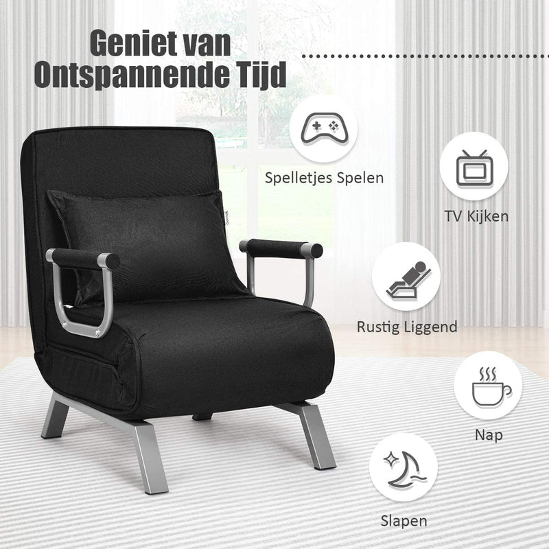slaapbank, met 5 posities verstelbare rugleuning, opklapbare armleunstoel, gestoffeerde zitting, vrije tijd relaxfauteuil, met kussen, ideaal voor thuiskantoor (Zwart)