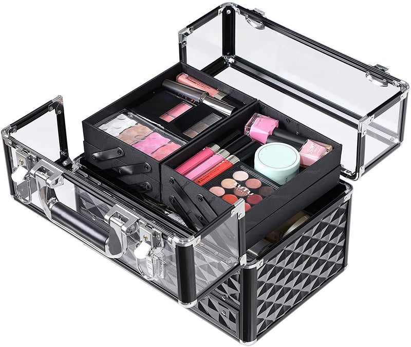 JBC318B Make-upkoffer, professioneel cosmetica-opbergen, multikoffer, etagekoffer, transparant, acrylglas, inklapbare vakken
