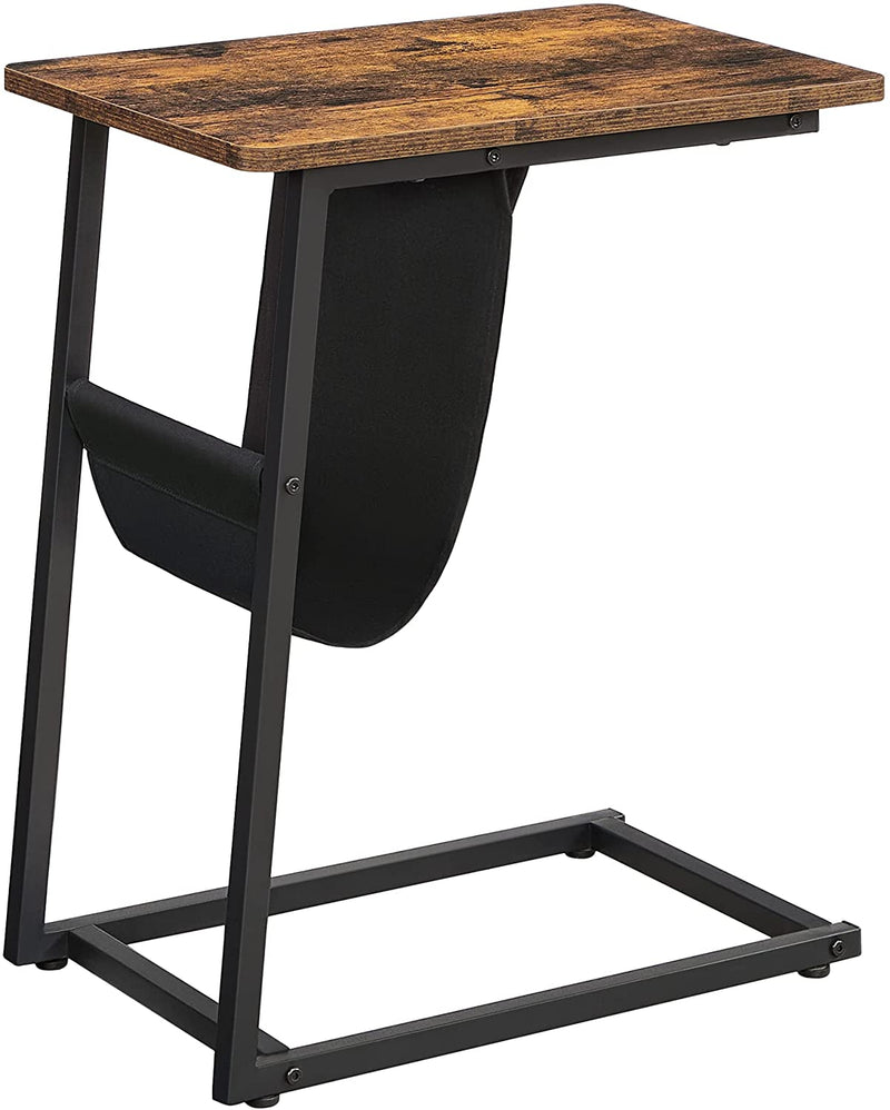 bijzettafel, C-vormige salontafel, laptoptafel met stoffen tas, voor woonkamer, slaapkamer, industrieel ontwerp, vintage bruin-zwart LET351B01