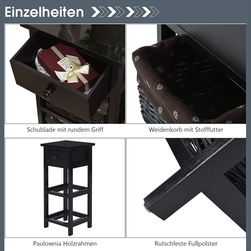 3-laags houten nachtkastje, modern nachtkastje met 1 lade en 2 opbergmanden,  (Zwart)