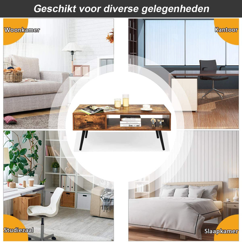 Koffietafel, salontafel, cocktailtafel, middeleeuwse moderne accenttafel met 1 lade en opbergrek voor de woonkamer, receptie, eenvoudige montage, 109 x 55 x 44,5 cm