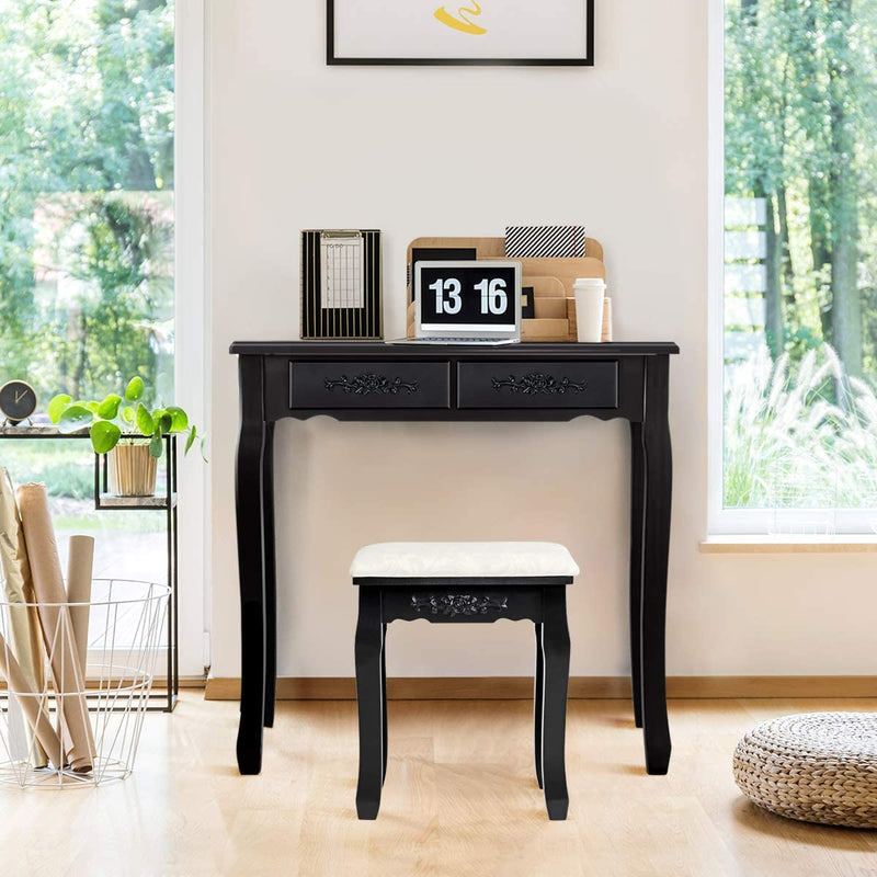 Houten kruk voor make-up, kaptafel stoel, make-up kruk met zacht gevoerde zitting, mooie patronen en delicaat houtsnijwerk, massief houten poten, 100 kg gewichtscapaciteit (Zwart)