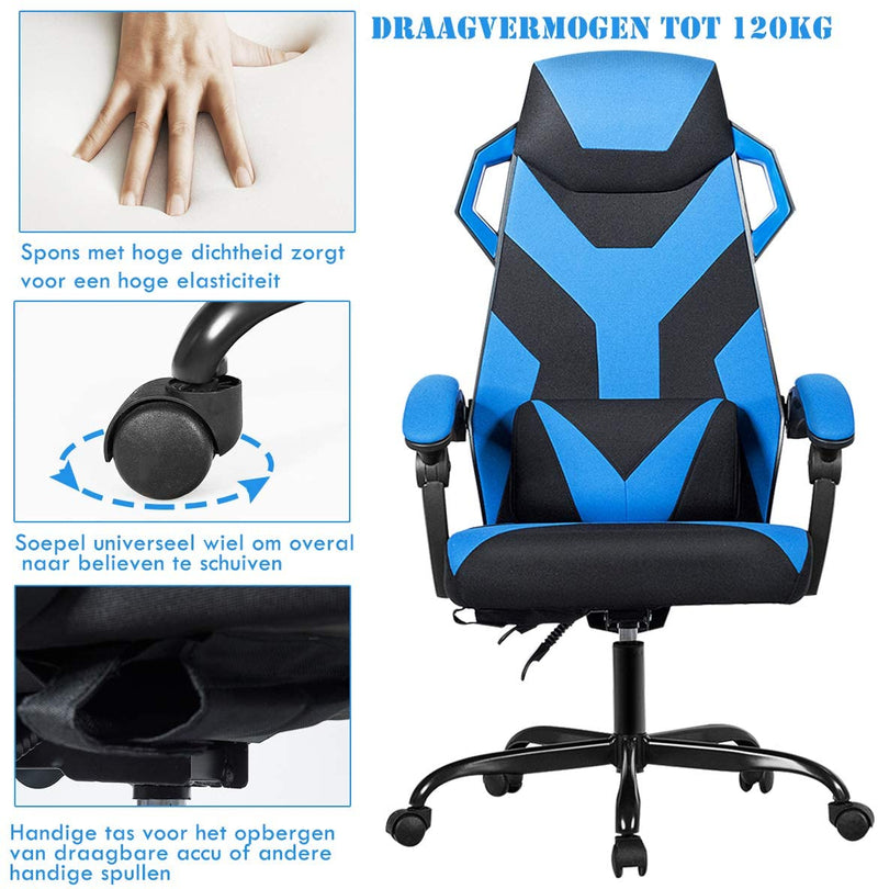 gamingstoel met wielen, racestoel met armleuning, verstelbare rugleuning, hoofdsteun en lendekussen, grote racestoelen met hoge rugleuning en verbrede verdikte zitting (Blauw)