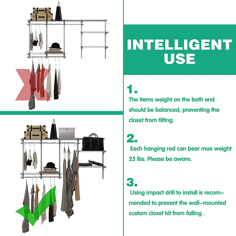 kledingrek ,slimme configuraties klerenrailsysteem , muur gemonteerde opbergsysteem, garderobesysteem met draad rekken en kleding stangen, 91,5 cm tot 182 cm, voor slaapkamer (183 x 92 x 39 cm)