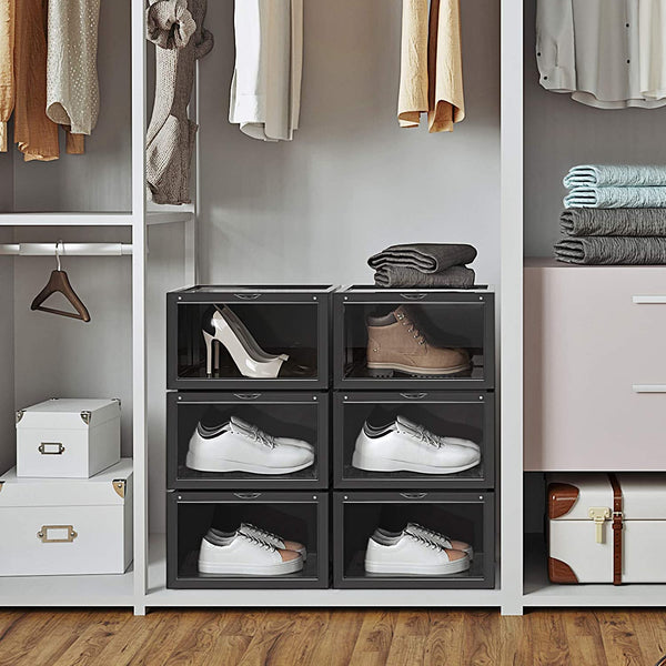 schoendozen, set van 6, stapelbare schoen organizers, plastic dozen met transparante deur, schoenopslag, voor schoenen tot maat 46, 36 x 28 x 22 cm, zwart LSP06CB
