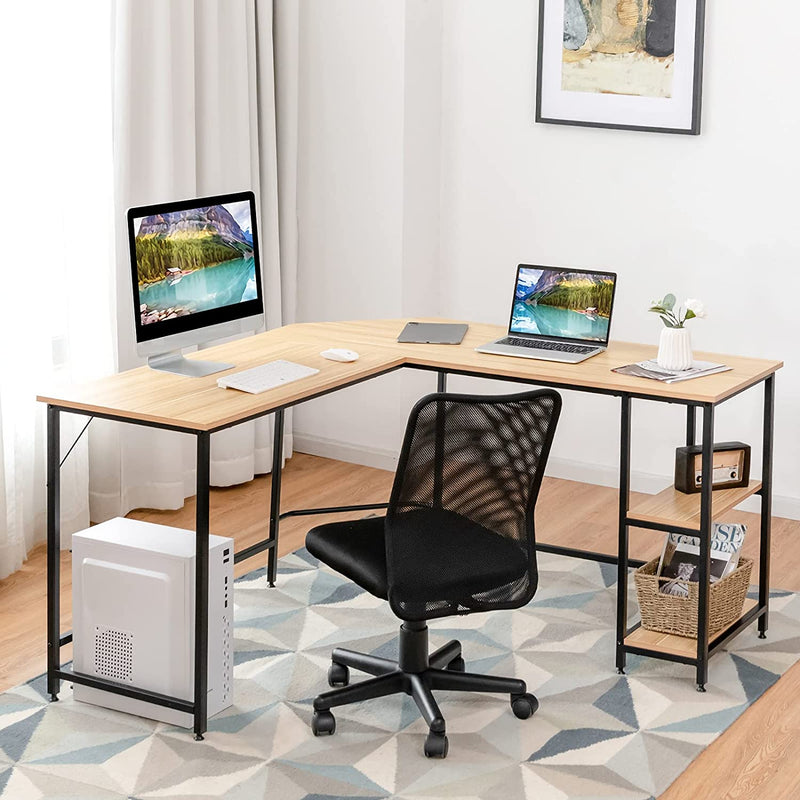 L-vormige bureau, kantoor/thuis bureau met twee opbergrek,  (Natuurlijk)