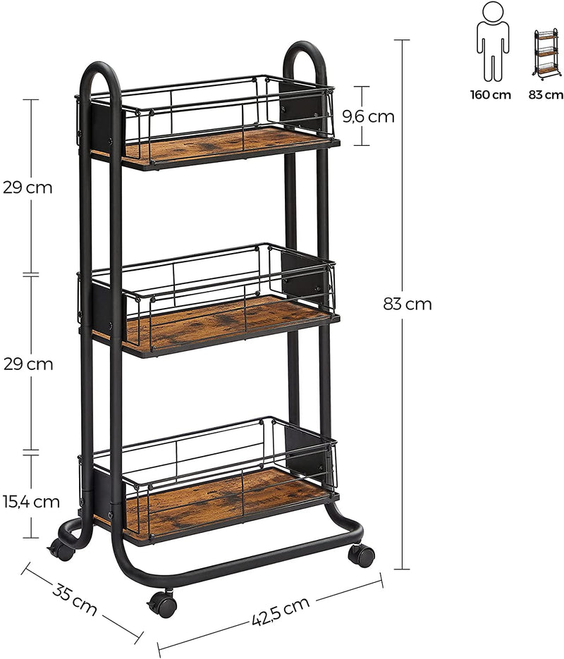 Serveerwagen, keukenwagen, keukenrek op wielen, trolley met 3 niveaus, wielen 360° draaibaar, voor keuken, eetkamer, woonkamer, werkkamer, vintage bruin-zwart LRC031B01
