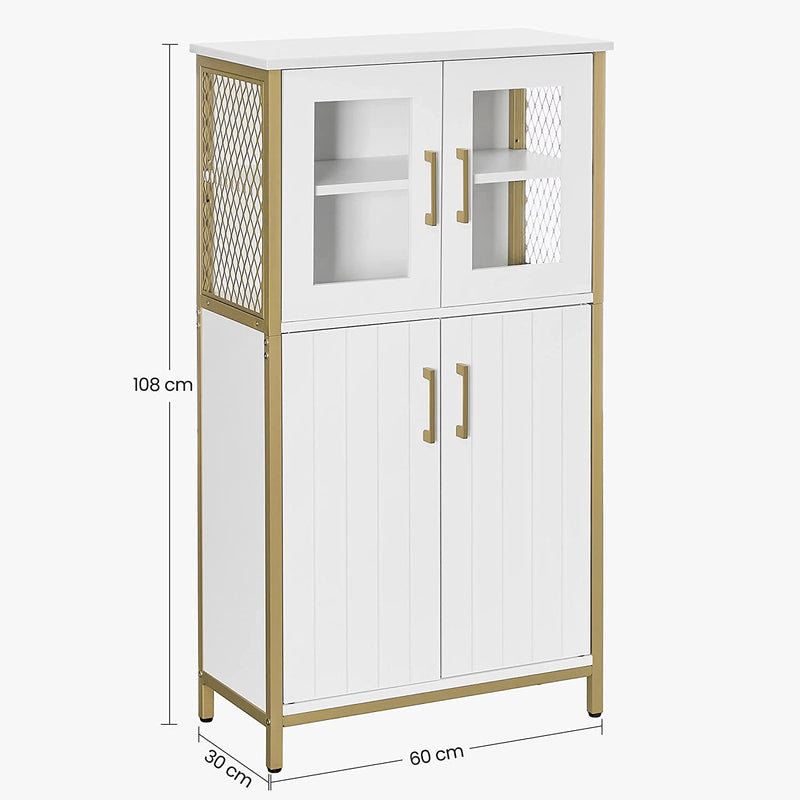 Badkamerkast, dressoir, opbergkast, verstelbare plank, stalen frame, voor woonkamer, keuken, wit-goudkleurig LSC260G10